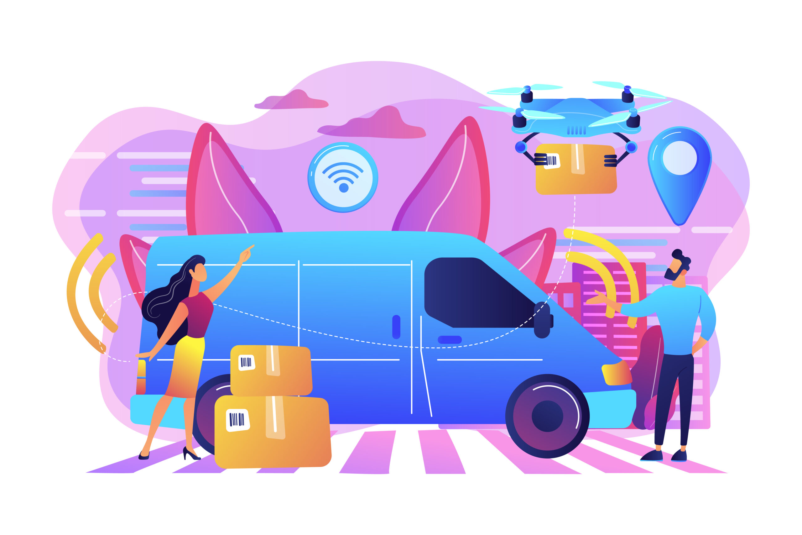 Autonomous delivery van with sensors and drone delivering parcel. Autonomous courier, driverless delivery service, modern parcel services concept. Bright vibrant violet vector isolated illustration