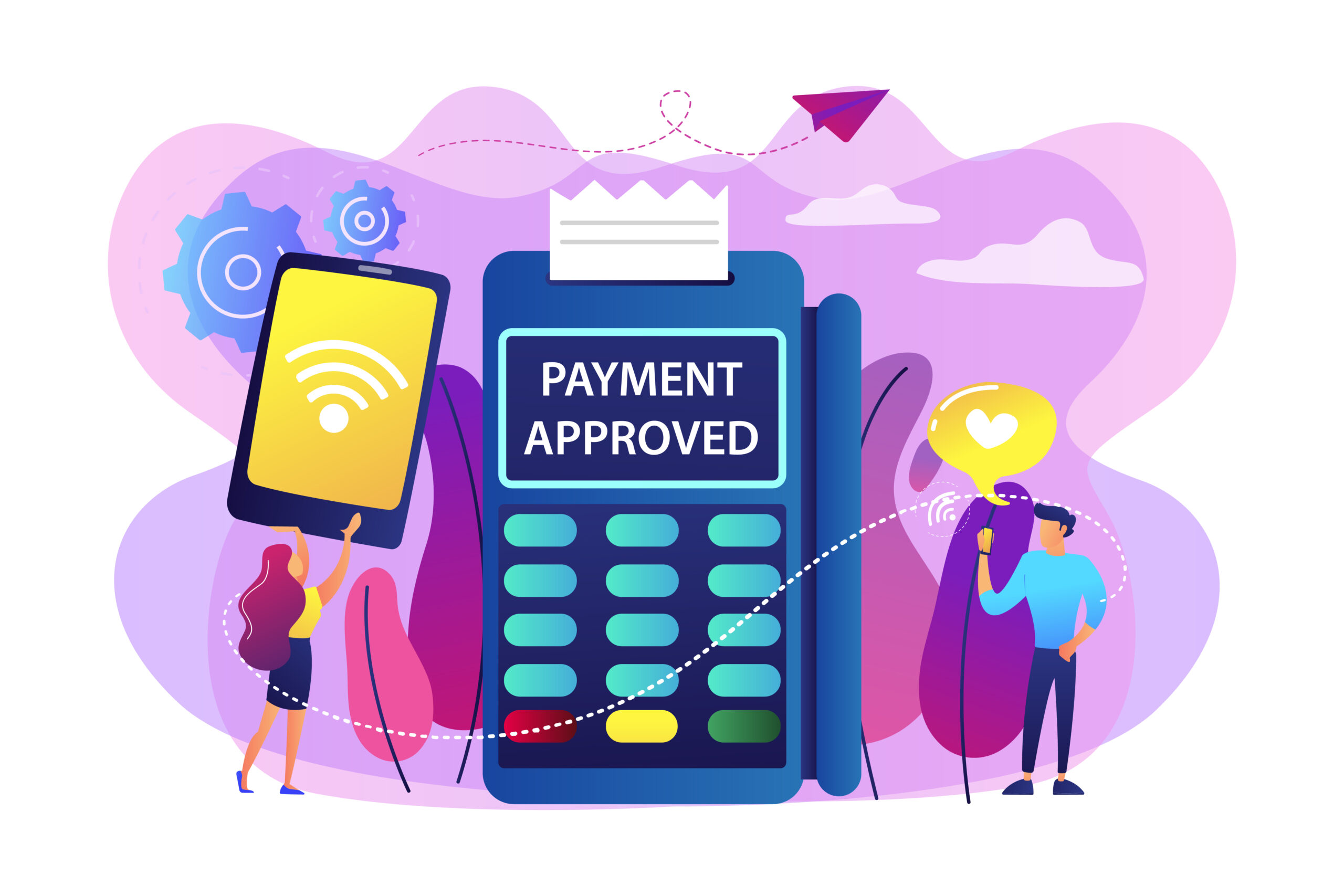 Businesswoman making contactless payment through mobile phone. NFC connection, NFC communication stand, contactless payment method concept. Bright vibrant violet vector isolated illustration